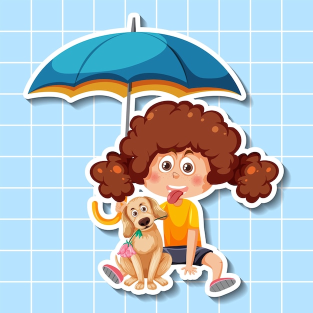 Cute girl cartoon character holding umbrella sticker style