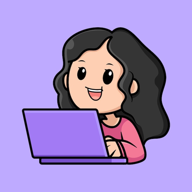 Cute girl cartoon with laptop design illustration