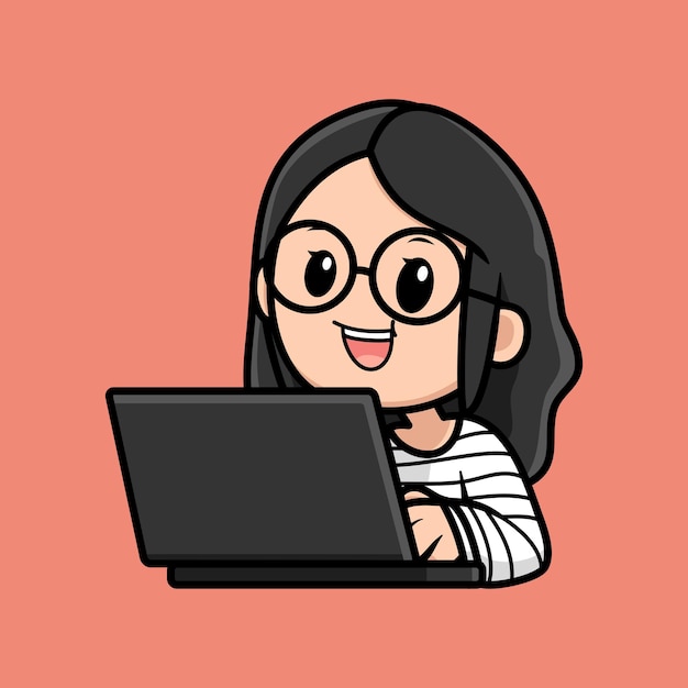 Cute girl cartoon with laptop design illustration