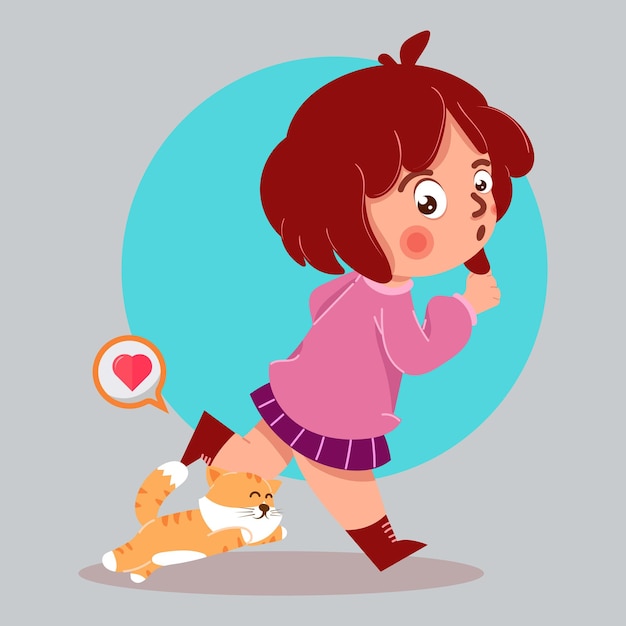 Cute girl cat lover with cat cartoon illustration