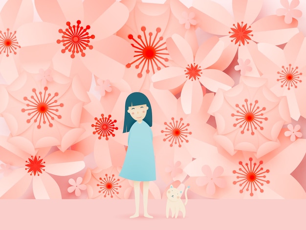 Cute girl and cat with Beautiful floral paper art and pastel color scheme