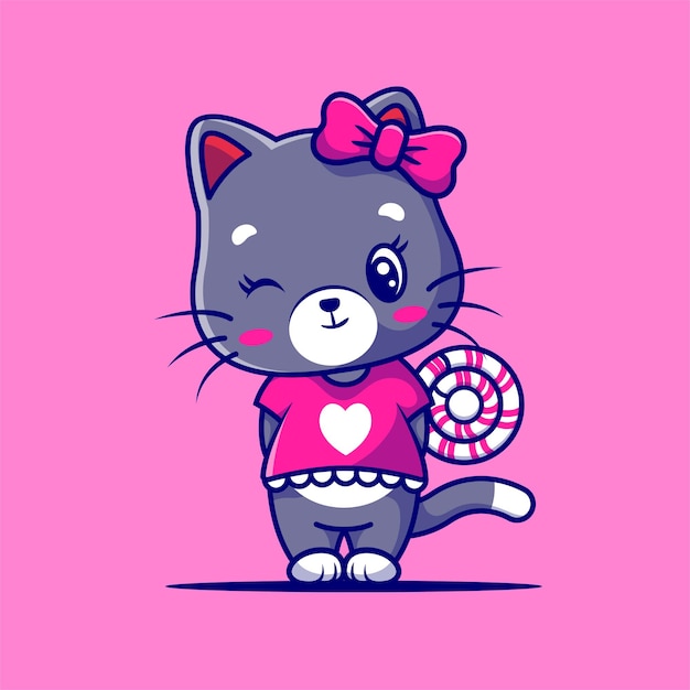 Vector cute girl cat with sweet candy isolated on purple