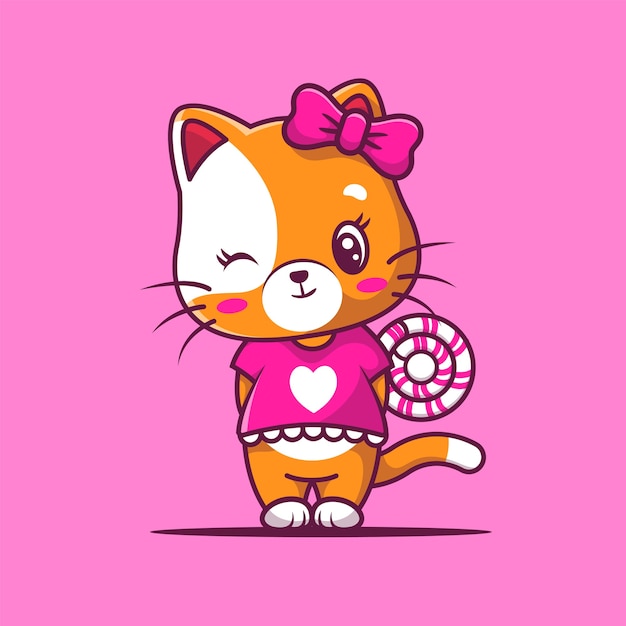 Vector cute girl cat with sweet candy