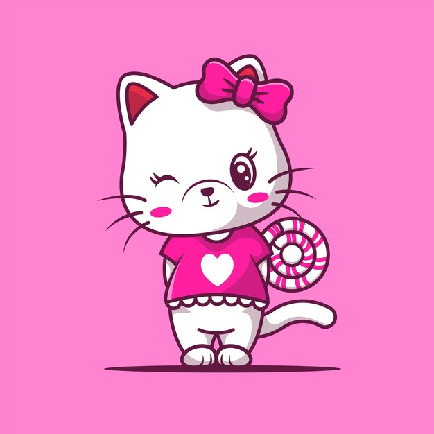 Vector cute girl cat with sweet candy