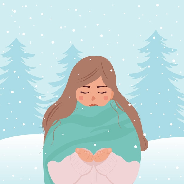 Cute girl catches snowflakes.Vector cartoon illustration in a flat style with a snowy background.