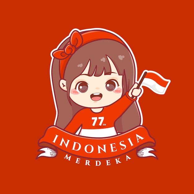 Cute girl celebrate indonesia 77th independence day or dirgahayu kemerdekaan indonesia ke 77