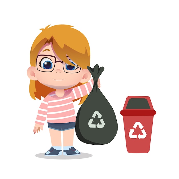 Cute girl character cleaning and recycling garbage