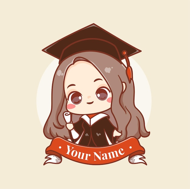 Cute girl character graduation with ribbon name text cartoon