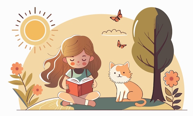 Cute Girl Character Reading Book With Cartoon Cat Sitting Butterflies On Sun Nature Background