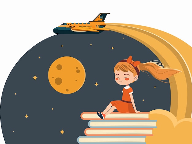 Cute Girl Character Sitting On Book Stack And Airplane Night Sky Background