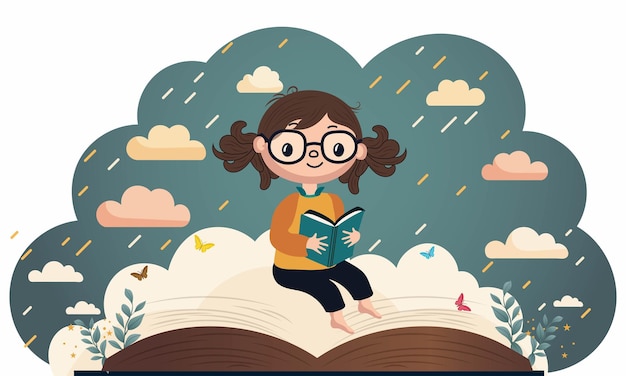 Cute Girl Character Sitting At Open Book With Butterflies Leaves On Rain Clouds Background