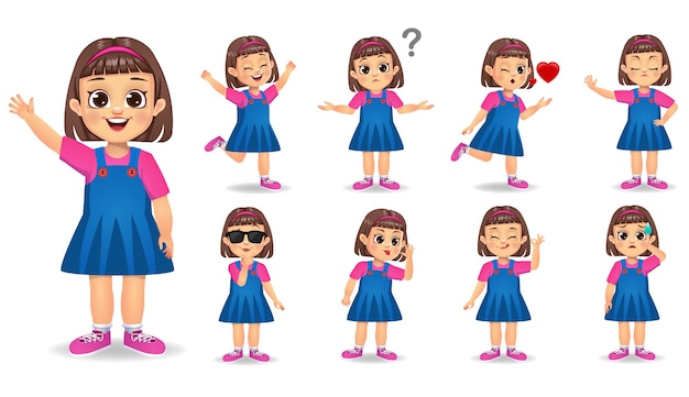 Cute girl character with different gestures set