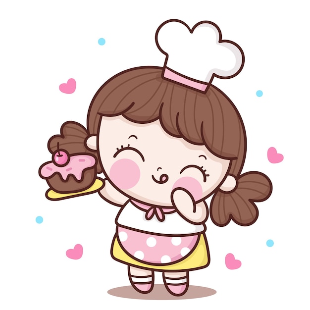 Cute girl Chef cartoon holding birthday cake kawaii character