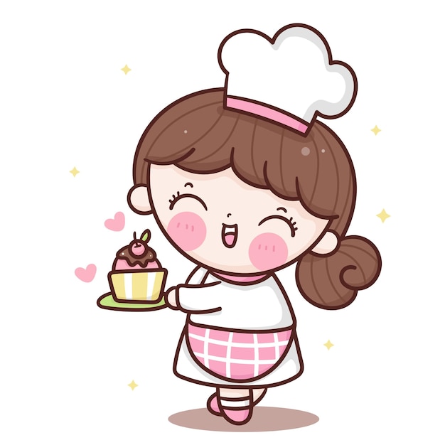 Cute Girl chef cartoon holding birthday cake   kawaii style