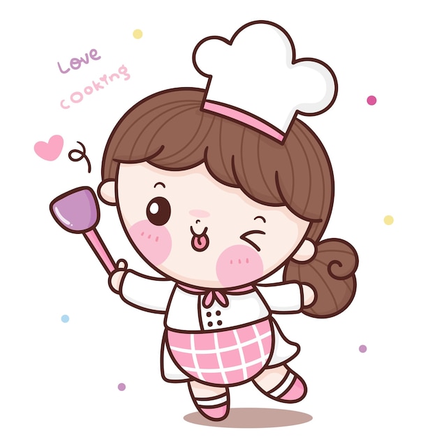 Cute girl chef cartoon holding spatula kawaii bakery shop