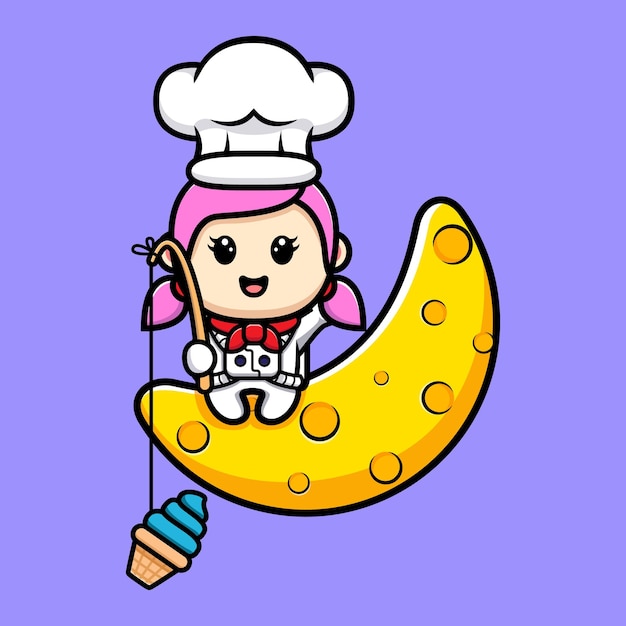 Cute girl chef catching ice cream from moon mascot design