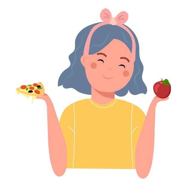 Cute girl choosing healthy food or pizza vector