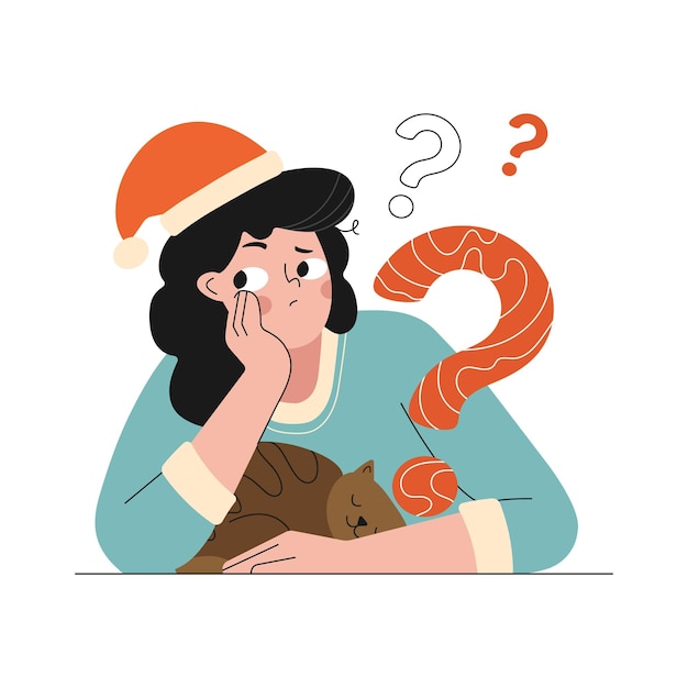 Cute girl in a Christmas hat sitting with cat and Thinks