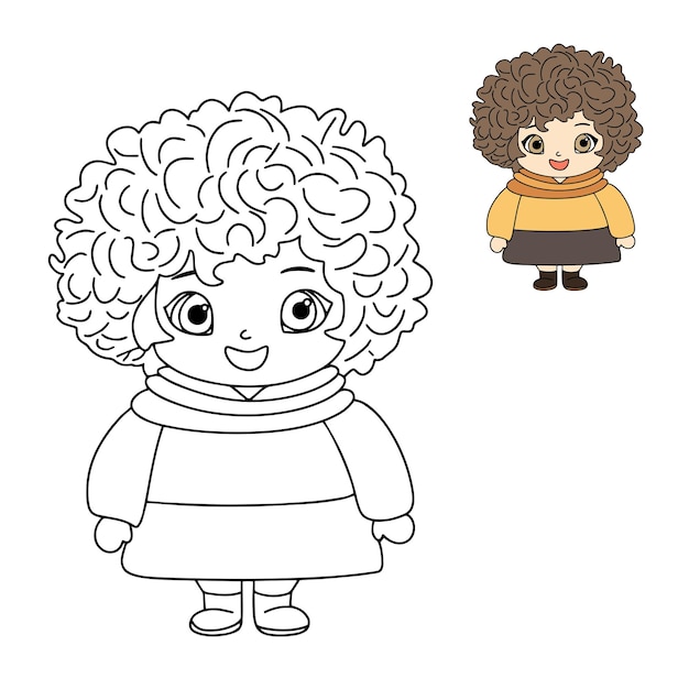 Cute girl for coloring book Cute doll toy as coloring page for children education Vector