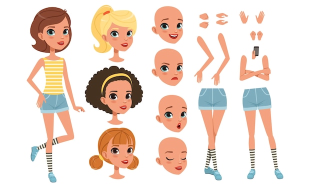 Cute Girl Constructor for Animation Pretty Female Character in Various Poses and Hairstyles Separate Girl Body Parts Collection Cartoon Style Vector Illustration