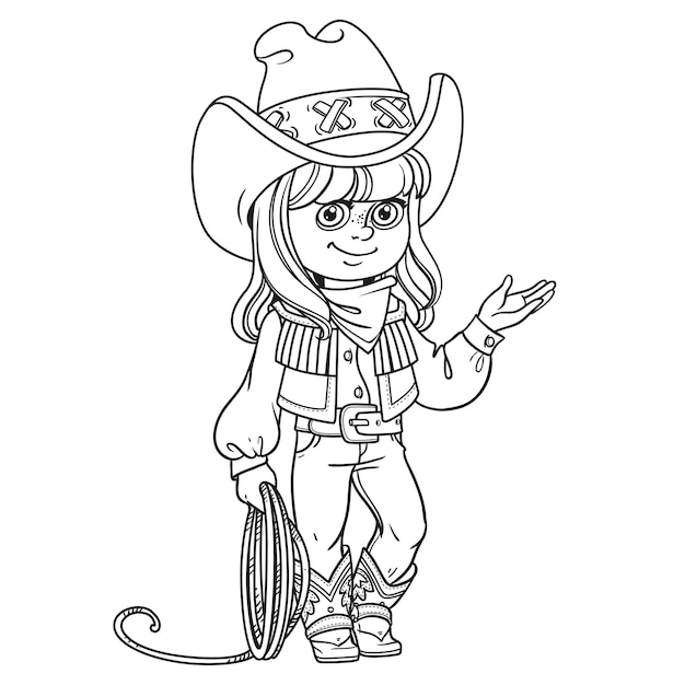 Cute girl in a cowboy suit is holding a lasso outlined isolated