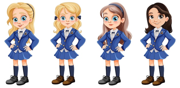 Cute girl in different races student in uniform set