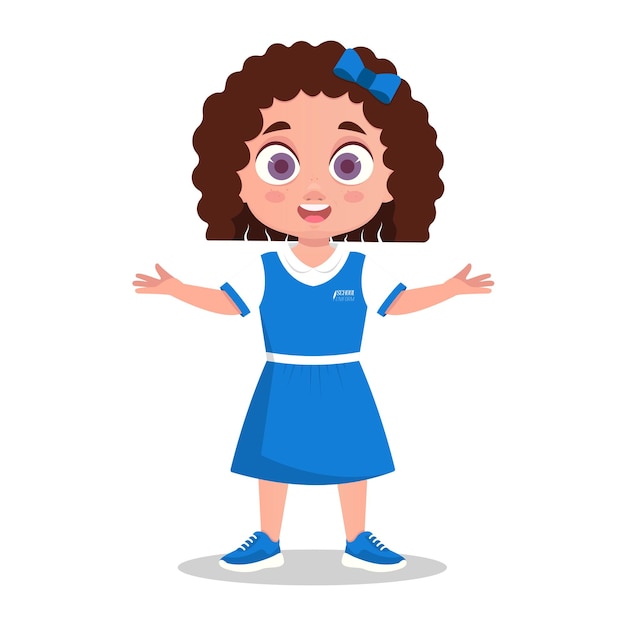 A cute girl in a dress, spreads her palms, cannot make a decision. Vector illustration