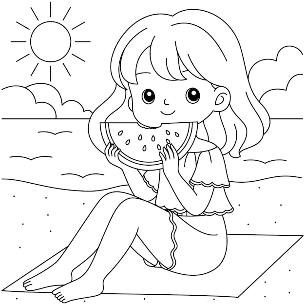 Cute girl eating watermelon on the summer beach coloring page Summer holiday outline illustration