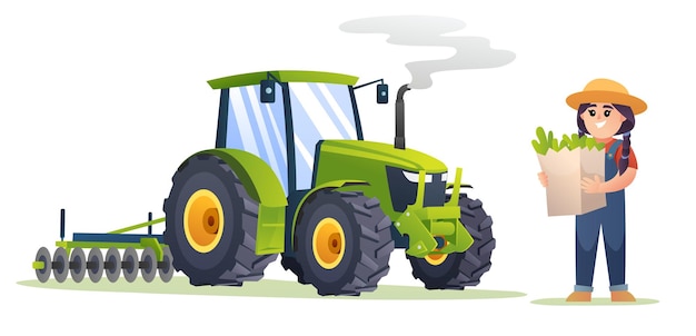 Cute girl farmer holding organic vegetables beside tractor iillustration