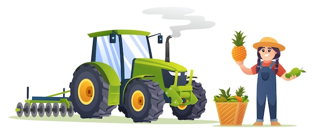 Cute girl farmer with fresh fruits and tractor illustration