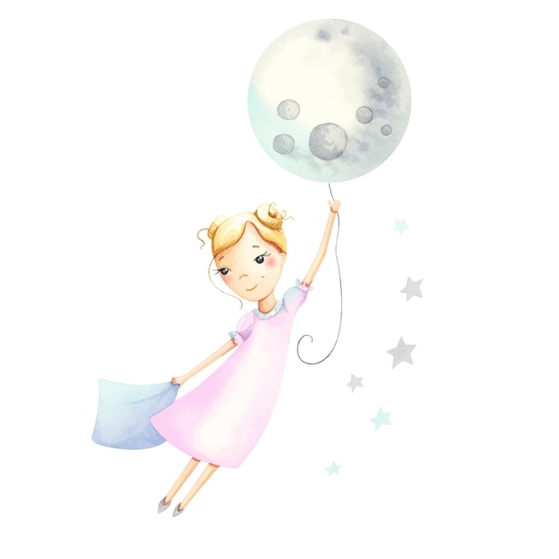 Cute girl flying on the moon Watercolor print