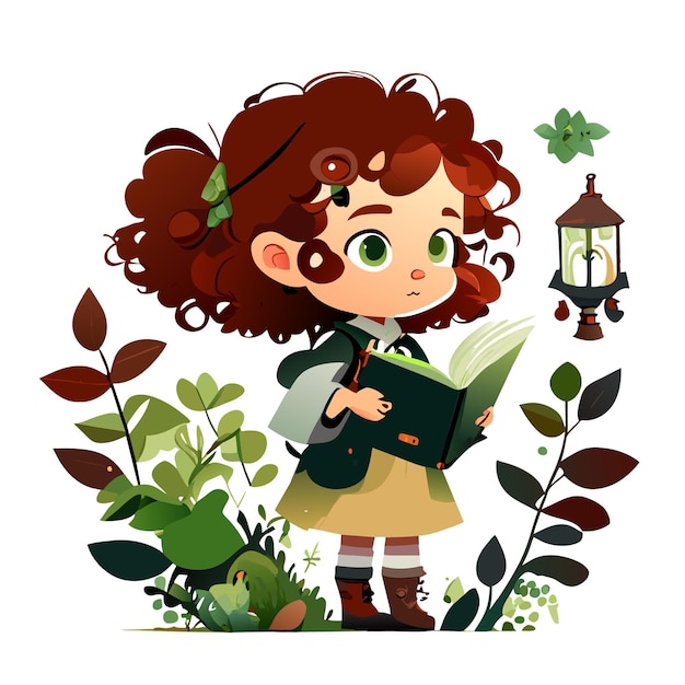 Cute girl in forest watercolor illustration for kids