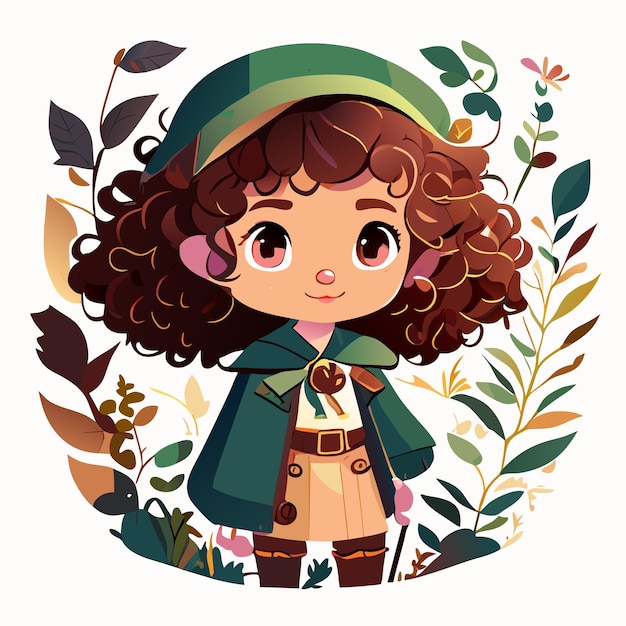 Cute girl in forest watercolor illustration for kids