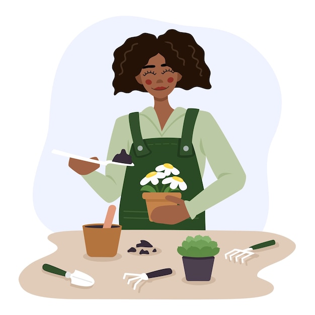 Cute girl gardener with daisies in her hands in flat style Gardening Hobby Garden tools Vector i