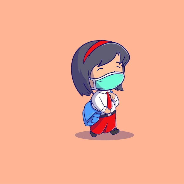 cute girl going to school wearing medical mask