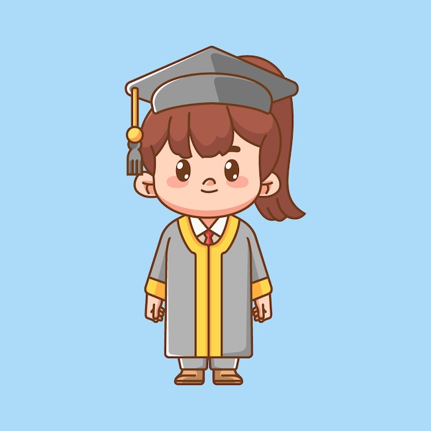 Cute girl graduation stand kawaii chibi character mascot illustration outline style design