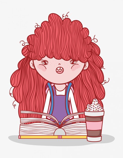 Cute girl hairred with smoothie and book cartoon