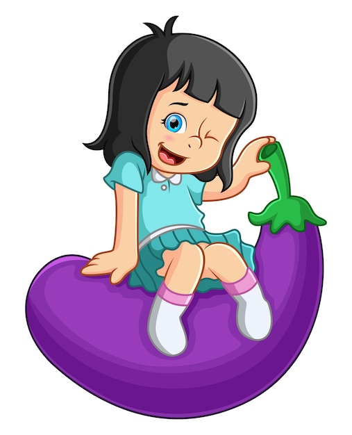 A cute girl happily sits on top of a large eggplant