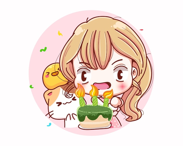 Cute girl happy birthday and cartoon character design.