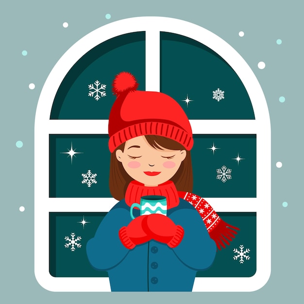 Cute girl in a hat and mittens with a cup of tea near the window with snowflakes.Winter illustration