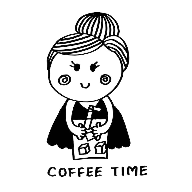 Cute girl hold ice coffee glass cartoon doodle hand draw black line on white background