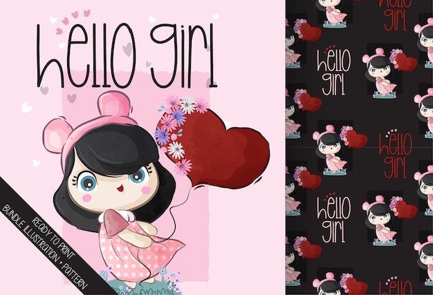 Cute girl hold love balloon with seamless pattern