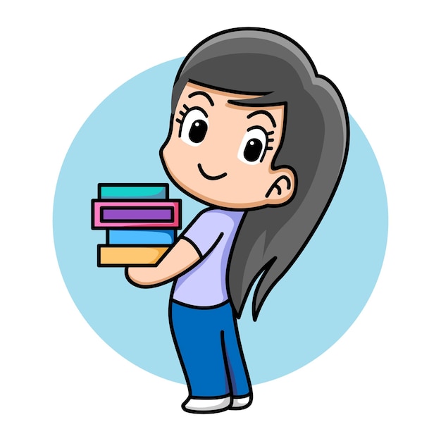 Cute girl holding books cartoon illustration