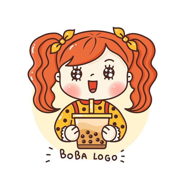 Cute girl holding Bubble Tea Logo for branding milk tea store and cafe