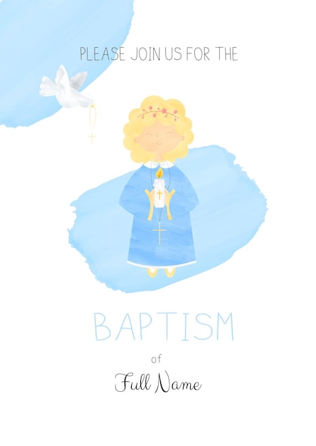 Vector cute girl holding a candle and a white dove of peace flying with a cross in its beak baptism invitation template in a watercolor style