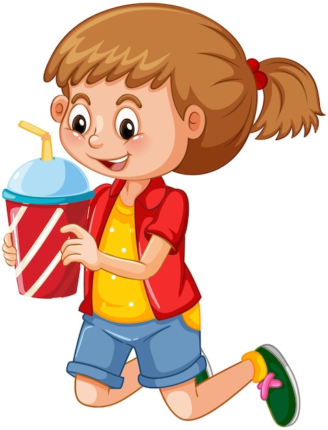 A cute girl holding drink cup cartoon character isolated on white background