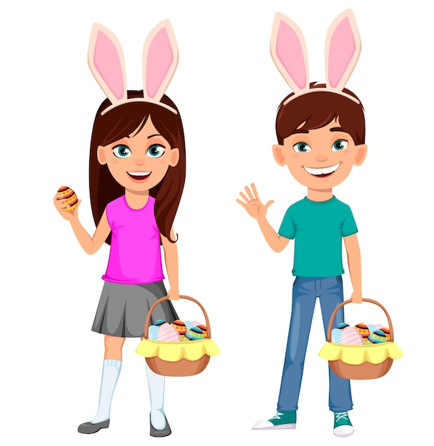 Cute girl holding egg and basket of eggs and boy waving hand