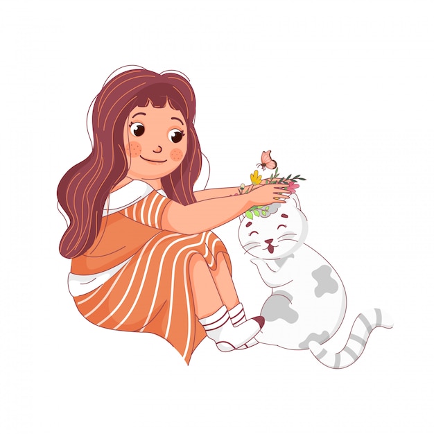 Cute Girl holding Flowers with Cat and Butterfly on White