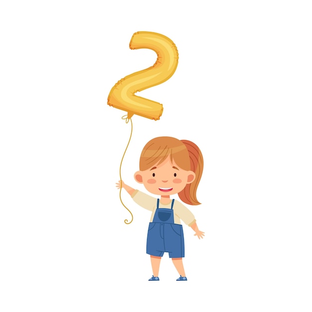 Cute girl holding golden number shaped balloon by the string vector illustration