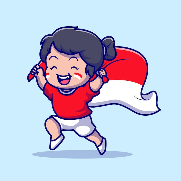 Cute Girl Holding Indonesian Flag Cartoon Vector Icon Illustration. People Holiday Icon Concept Isolated Premium Vector. Flat Cartoon Style